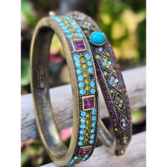 2 Heidi Daus Hinged Bronze Tone Multi Color Swarovski Crystal Bangle Bracelets - Picture 1 of 10